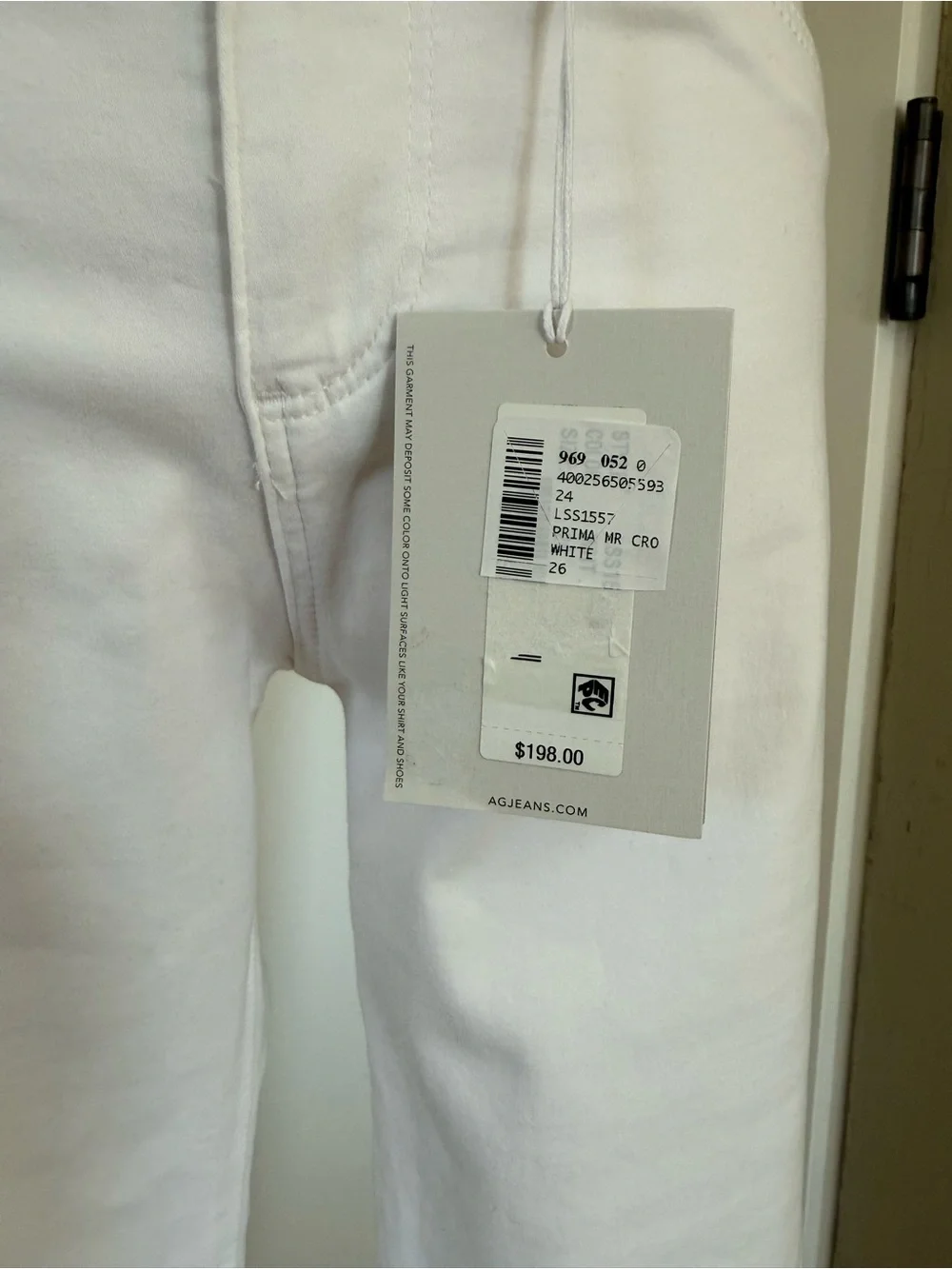 NWT AG Denim in White Luscious Stretch Sateen Prima Crop Cigarette Leg